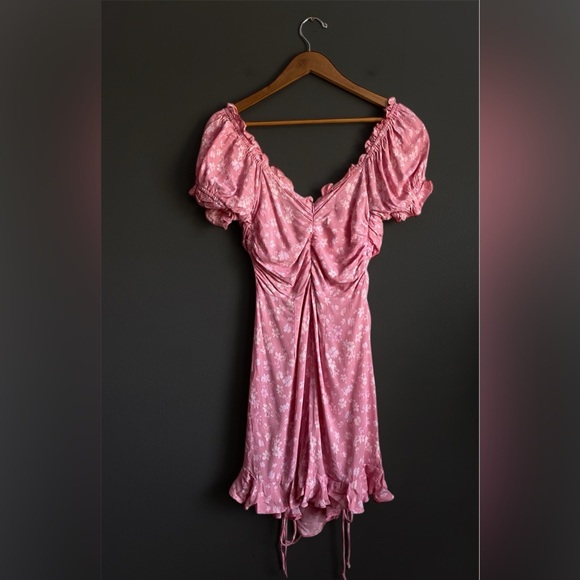 Sky to Moon Pink White Ditsy Floral Mini Cinched Dress Bodycon Retro Coquette M - Picture 5 of 8